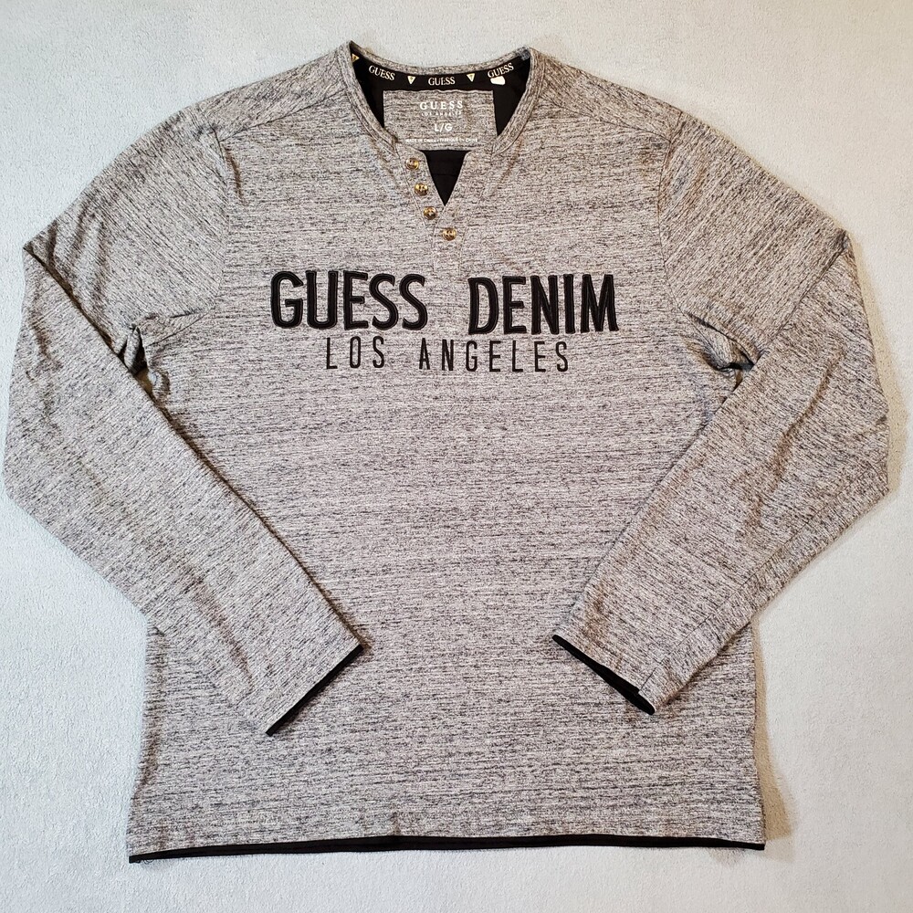 Guess Shirt Mens Large Gray Slim Fit Long Sleeve Henley Spellout Modern Casual